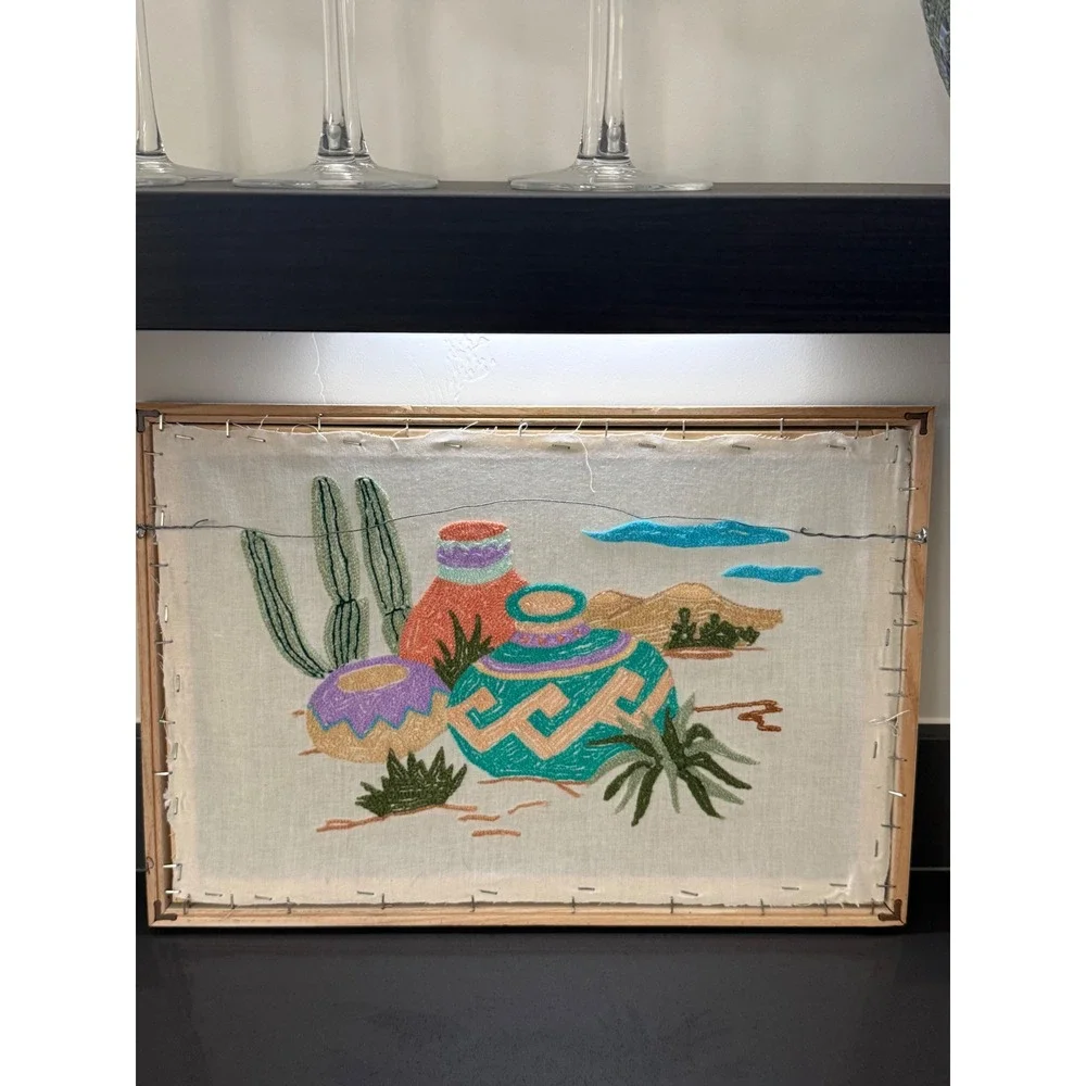 Vintage Southwestern Punch‎ Needle Art Framed Desert Cactus Pottery Textile Boho